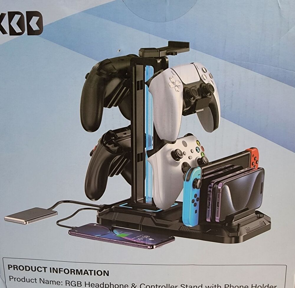 KDD Headset Stand RGB w/ Controller Holder Charging Rotating Hanger USB A&C
